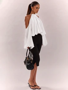 SHEIN BAE 女款純色露肩休閒百搭日常穿著襯衫 - 白色 - 查看 4
