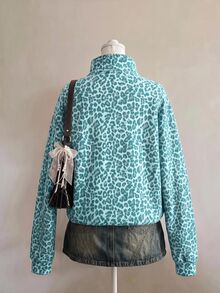 SHEIN EZwear 女款經典豹紋半拉鍊運動衫，綠色調秋冬休閒街頭風，適合多種場合，Y2K復古風，返校季秋冬上衣 - 彩色 - 查看 2