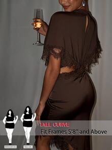 SHEIN Tall CURVE Plus Size Sexy Lace Patchwork Cutout Bodycon Dress - Coffee Brown - View 4