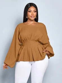 SOLERSUN Women's Plus Size Fashion Solid Color Loose Casual Outing Deep Pleated Bat Sleeve Long Sleeved Shirt Loose Casual Shirt Tops,Crop Tie Back Blouse Women's Solid Color Round Neck Belted Long Sleeve Blouse Autumn/Winter Women Clothes - Khaki - View 4
