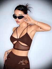 SHEIN ICON 女款性感鏤空短版背心上衣 - 棕色 - 查看 7