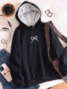 SHEIN 青少年女孩休閒街頭風抓絨豹紋帽子，適合校園與日常穿著的衛衣 - 黑色 - 查看 1