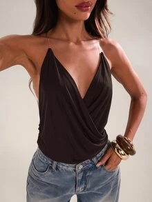 SHEIN BAE Spring/Summer Women's Casual Sexy Vacation Transparent Strap Camisole Solid Dark Brown Sleeveless Top, Suitable For Beach Going Out Night Out Club - Chocolate Brown - View 5