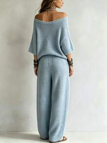 SHEIN 2026 New American European Style Knit 2 Pieces Set Casual Loose Cold Shoulder 3/4 Sleeve Top + Wide Leg Pants - Dusty Blue - View 2
