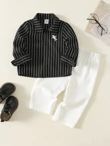 SHEIN 男嬰馬匹圖案翻領長袖鈕扣襯衫與鬆緊腰長褲 2件套 - 彩色 - 查看 3
