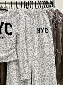 (1套) 秋季女童休閒時尚極簡風 NYC 灰色豹紋基礎款抽褶腰長袖T恤與寬腿褲 - 彩色 - 查看 5