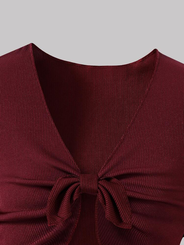 SHEIN Tween Girl Cute Elegant Sophisticated High-End Dress With Jacket Shawl, Pink Textured Knit High-Elastic Bowknot Slim Fit Slim Fit Dress, Long Sleeve 3D Bowknot Short Shawl - Burgundy - View 5