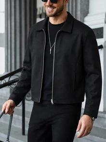 Manfinity Homme 男士黑色羊毛拉鍊夾克，秋季休閒商務外套，麂皮領正裝版型通勤大衣 - 黑色 - 查看 3