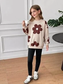 SHEIN 青少年女孩休閒圓領長袖衛衣套裝 - 棕色 - 查看 5