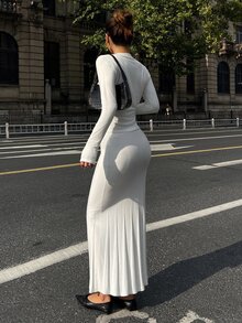 Livesso Women's Solid Color Long Sleeve Top And Skirt Casual Knit 2 Pieces Set Fall - White - View 2