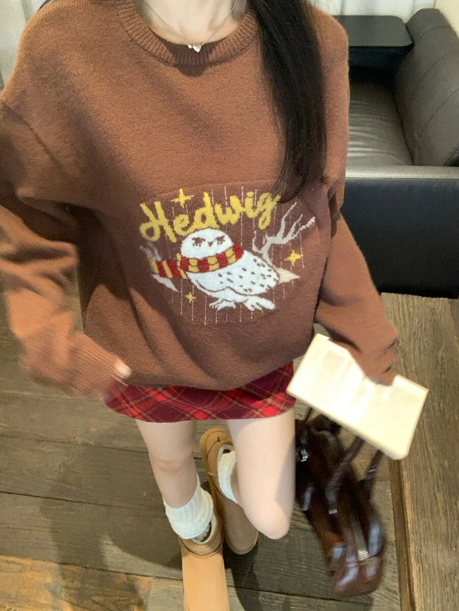 DAZY Women's Letter Cartoon Pattern Casual Daily Long Sleeve Sweater Fall - Brown - View 1