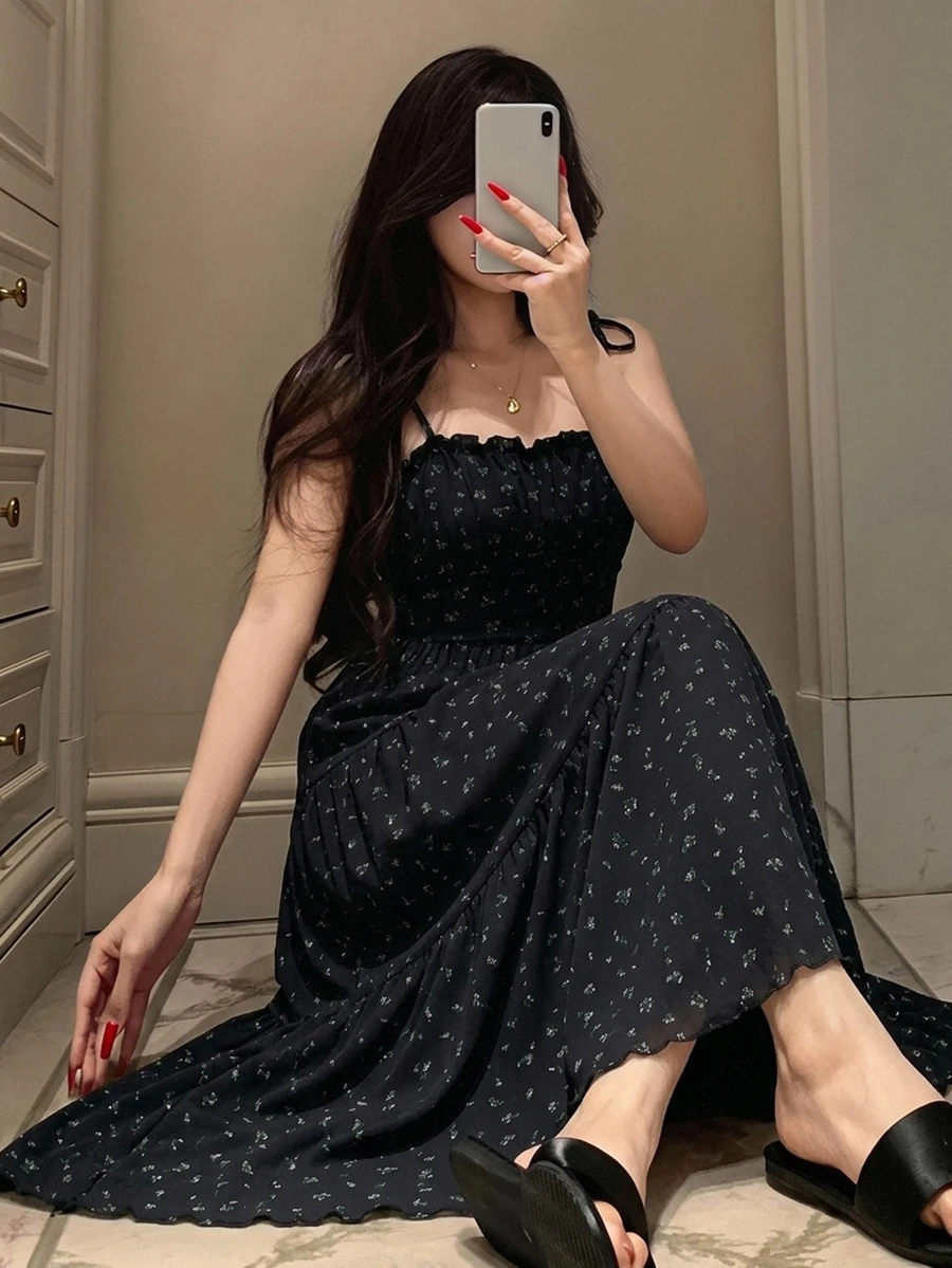 DAZY Vacation Style Ditsy Floral Spaghetti Strap Dress Summer Outfit Women's Nightgown - Black - View 1