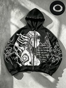 ROMWE MEN Street Life 男士動漫印花連帽衛衣，飾有金屬孔眼裝飾，拉鍊長袖 - 黑色 - 查看 8