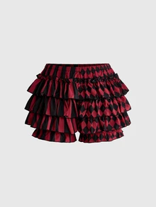 ROMWE Plus Size Women's Gothic Cute Patchwork Striped Plaid Clown Pumpkin Shorts - Red - View 1
