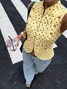 Muchica Women's Sleeveless Jacket With Yellow Base And Polka Dot Pattern Night Out Autumn Vintage 90s - Pale Yellow - View 5