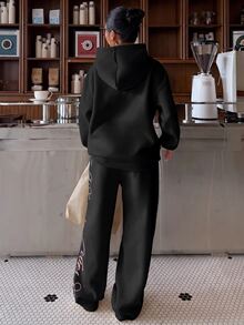 Muchica Letter Print Black Hoodie & Sweatpants Sports Set - Black - View 2