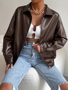 SHEIN EZwear Drop Shoulder Zip Up PU Cropped Leather Jacket In Fall/Winter - Coffee Brown - View 7