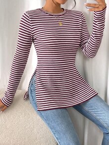 SHEIN Frenchy 女款休閒條紋側開衩T恤，秋季 - 酒紅色 - 查看 5