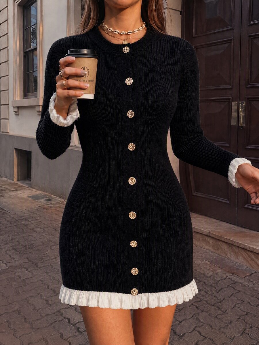 Penseblé Autumn/Winter Daily Commute Party Elegant Business Casual Ribbed Knit Ruffle Button-Down Solid Black Long Sleeve Bodycon Dress Exquisite Romantic - Black and White - View 1