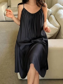 DAZY 夏季極簡風抓褶細肩帶中長洋裝女款居家服 - 藏蓝色 - 查看 1