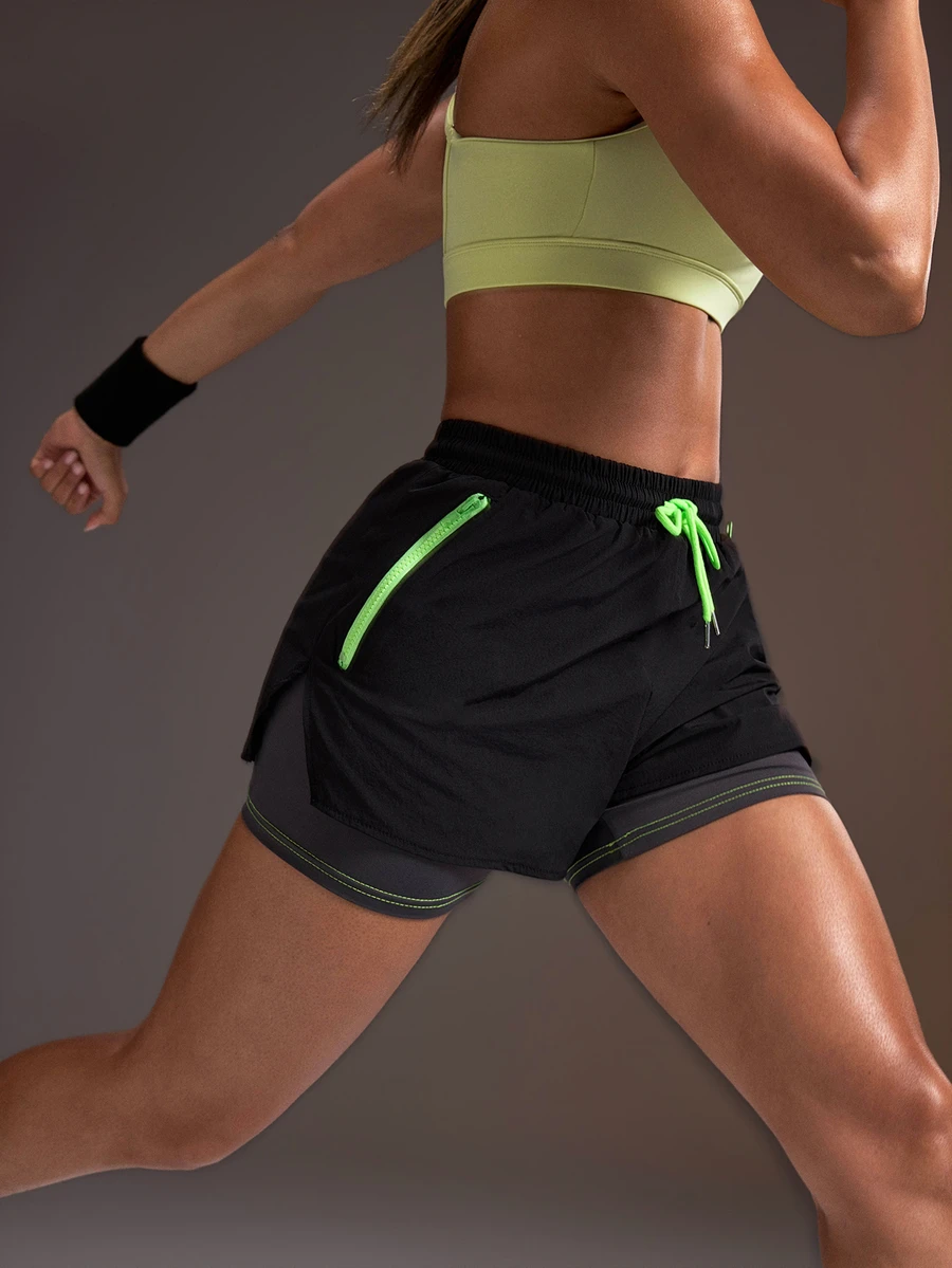 Powerista Women's Black With Grey And Green Contrast Stitching Zipper Pocket Waistband Drawstring 2 In 1 Shorts - Black - View 1