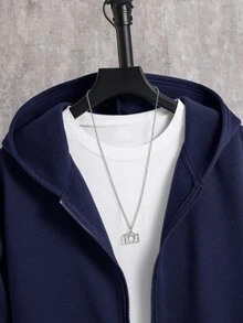 SHEIN 青少年男孩寬鬆灰色運動衫秋季夾克，休閒學院風，柔軟面料，返校季，畢業季，白色，冬季，舒適時尚 - 藏蓝色 - 查看 4