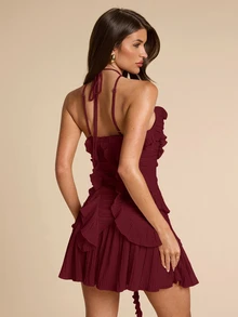 SHEIN BAE Spring/Summer Women's Pink Halter Pleated Exquisite Split Mini Dress, Wedding Guest Dress, Valentine's Day Dress, Pink Dress - Burgundy - View 2