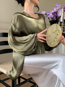 DAZY 青少年女孩優雅純色燈籠袖收腰上衣 秋季 - 綠色 - 查看 5