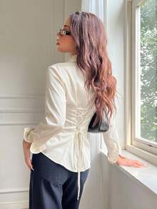 SHEIN EZwear 女款純色休閒性感百搭日常穿著襯衫，適合晚餐、辦公室，奶油色，秋季 - 白色 - 查看 5