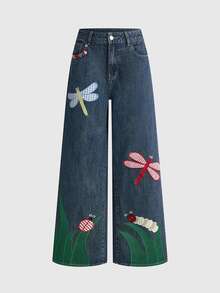 ROMWE Y2K Millennium Retro Plaid Dragonfly & Ladybug Applique Embroidered Loose Casual Low Waist Women's Jeans - Blue - View 1