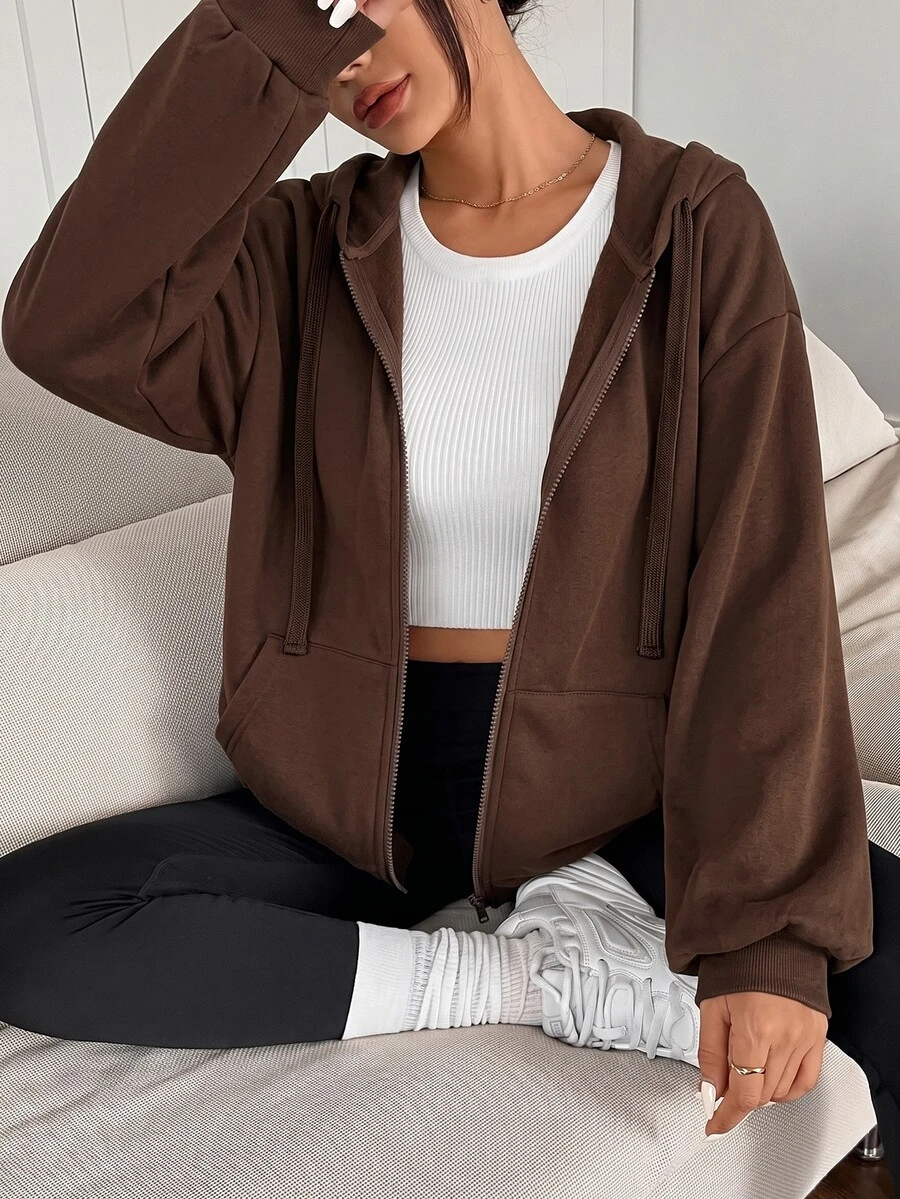 SHEIN EZwear Casual Baggy Sports Brown Open Front Hooded Plus Size Jacket Autumn Going Out Club - Chocolate Brown - View 1
