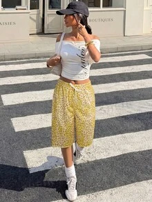 Muchica Spring/Summer New Casual High Street Plus Size Bermuda Shorts, Pink Leopard Print Sweatshirt Fabric, Elastic Waist With Drawstring, Suitable For Daily Wear, Outings, Parties, Music Festivals, Back To School, Graduation, Vacation, Versatile For Outerwear Or Layering - Pale Yellow - View 4