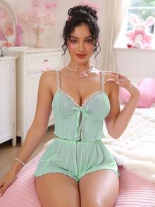 PetitDoll 2件組女款內衣，花卉水溶性刺繡與透視網紗設計 - 薄荷綠 - 查看 4