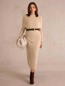 Enchnt Setelan 2 Potong Sweater Kerah Tegak Elegan Musim Gugur/Musim Dingin & Rok Rajut - Aprikot - View 6