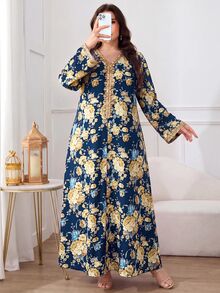 Al Najma 大尺碼女款 V 領花卉印花休閒派對阿拉伯風洋裝 - 藏蓝色 - 查看 5