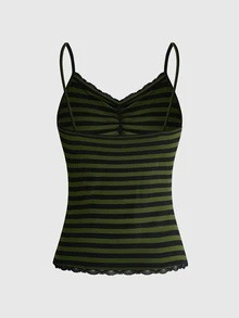 ROMWE Women's Lace Trim Striped Casual Versatile Daily Wear Camisole Tank Top - Army Green - View 2