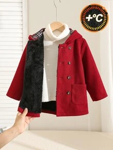 SHEIN Young Boy Loose Fit College Style Hooded Double-Breasted Thermal Lined Wool Coat - Burgundy - View 3