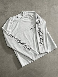 SLATEMANN 男士長袖圓領T恤，黑白拼色，插肩袖，手寫英文印花，寬鬆版型 - 灰色 - 查看 1
