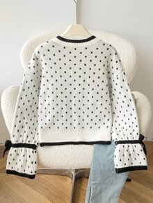 Girlism 青少年女孩秋/冬米色圓領波點提花長袖套頭毛衣，學院風返校穿搭 - 米色 - 查看 2