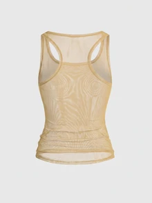ROMWE Avant New Chinese Style Character Slogan Sexy Sheer Mesh Tank Top For Women - Yellow - View 2