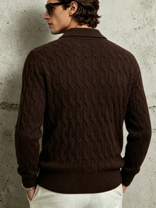 TONEVAULT Men's Cable Knit Polo Collar Long Sleeve Casual Sweater - Brown - View 4