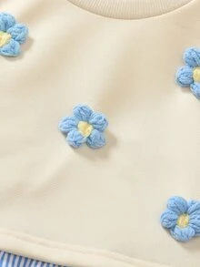 Elladie kids 女童韓系活力寬鬆灰色花卉衛衣 2合1蝴蝶結圖案 2件套 - 卡其色 - 查看 5