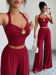 Selianne New American Retro Y2K Hot Girl Ribbed Set Metal Flower Slim Fit Flattering Short Spaghetti Strap Tank Top + Straight Leg Pants Women's 2 Pieces Set - Burgundy - View 2