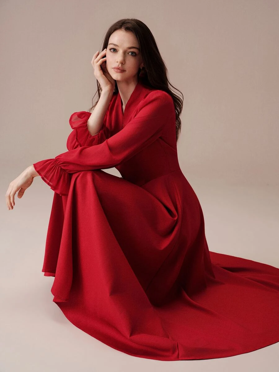 BELROSIE Women's Solid Color Pleated Casual Elegant Party Formal Dress Wedding Red Autumn - Burgundy - View 1