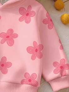 SHEIN Baby Girls Tops Knit Pink Floral Print Long Sleeve Pullover Hooded Drop Shoulder Sweatshirt Autumn/Winter Fall Party Family Cute Matching - Multicolor - View 4