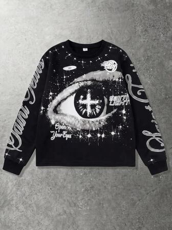 Street Life Spring Casual Pattern Unisex Casual Drawstring Long Sleeve Top, Street Style Graphic Print Crew Neck T-Shirt