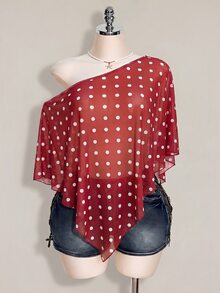 SHEIN ICON 女款大尺碼波點網紗不對稱上衣 - 紅色 - 查看 3
