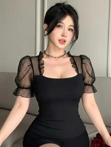 DAZY 春夏黑色蕾絲飾邊拼接短版上衣，情人節婚禮宴會舞會晚禮服，時尚派對修身優雅通勤透視網紗短袖女款上衣 - 黑色 - 查看 8
