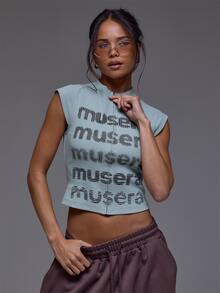 MUSERA Grey Short Sleeve Graphic Zip Up Top Winter Autumn Everyday Casual Going Out Cool Weekdaze - Coffee Brown - View 1