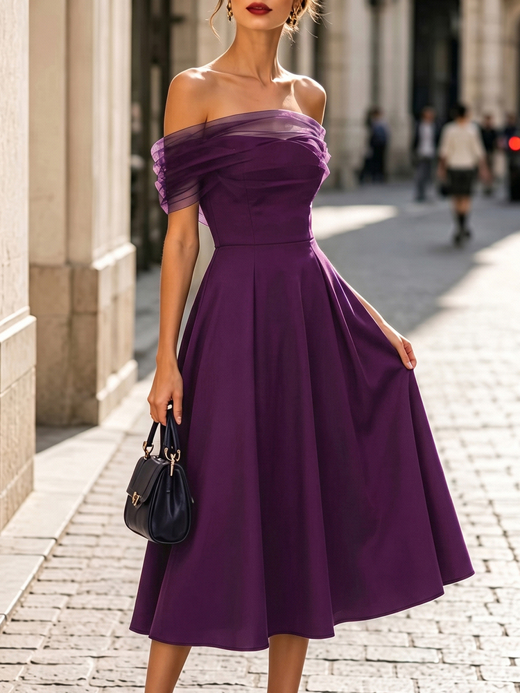 SHEIN Women's Purple Mesh Strapless Midi Dress With Pockets, Versatile Slimming Commute And Party Dress - Purple - View 3